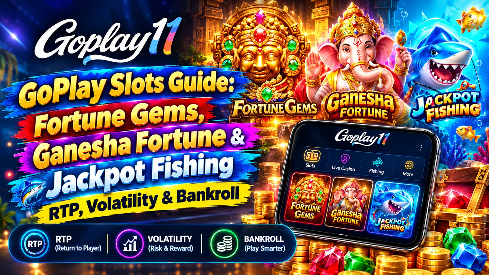 Slot reels with gem symbols on the GoPlay app illustrating RTP and volatility